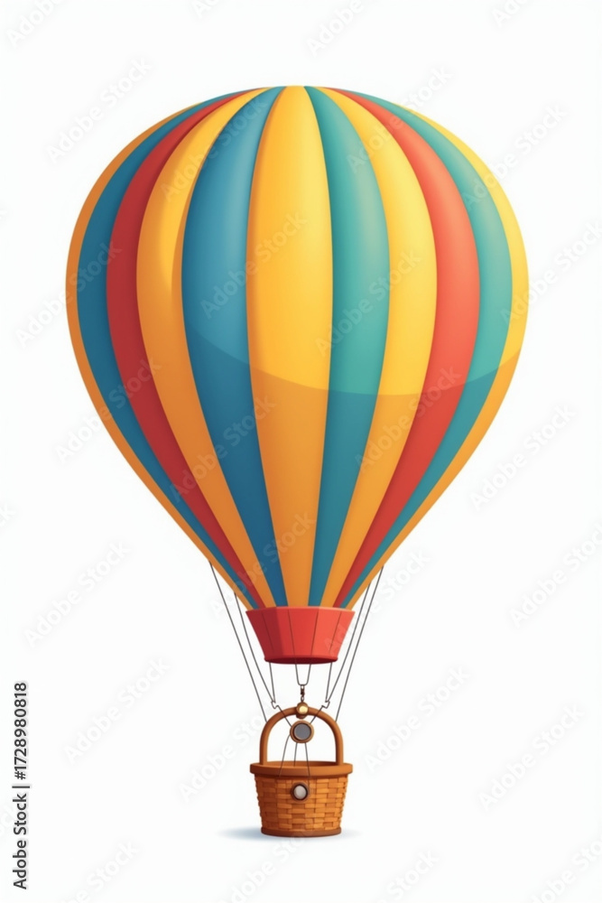 Fototapeta premium Colorful hot air balloon with stripes, basket, and ropes isolated on a white background.