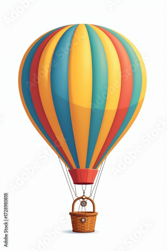 Colorful hot air balloon with stripes, basket, and ropes isolated on a white background.