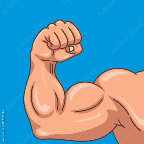 Flexed Bicep Muscle Arm Vector Illustration Showing Power and Strength, Cartoon Style Isolated on Blue Background for Gym and Fitness Concept