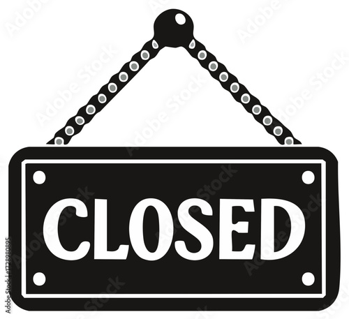 Black and white hanging sign that reads CLOSED with chain detail