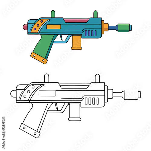 A sleek futuristic weapon gun coloring page, featuring high-tech details, glowing accents, and sci-fi design elements ready for bold, creative coloring fun.
