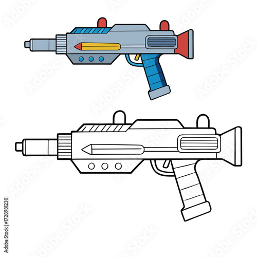 A sleek futuristic weapon gun coloring page, featuring high-tech details, glowing accents, and sci-fi design elements ready for bold, creative coloring fun.
