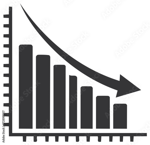 Bar chart showing a steep downward trend and a descending arrow indicating decline