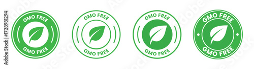 GMO free icon set. Non GMO label. No added or artificial chemicals logo, label, badge, sticker, symbol, emblem, stamp, line, vector, isolated illustration. GMO free label for product packaging design.