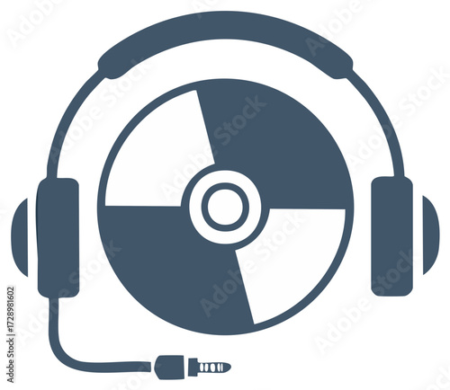 Headphones with Microphone and Sound Disk Icon representing Audio and Listening in Stylized Vector