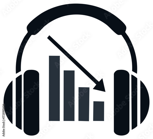 Stylized headphones showing audio level decrease with a downward trend graph and arrow