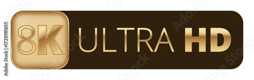 8k ultra hd logo with gold accents on black background.