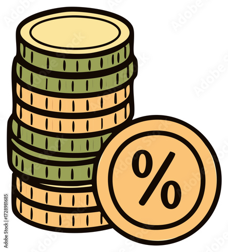 Financial concept illustration with a stack of coins and a percentage rate symbol