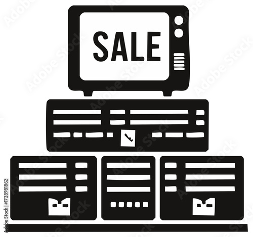 Vintage Computer Pile Black and White Simple Flat Vector Illustration Sale Concept