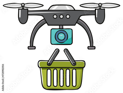 Modern drone with camera carrying a green shopping basket representing automated delivery and online retail technology