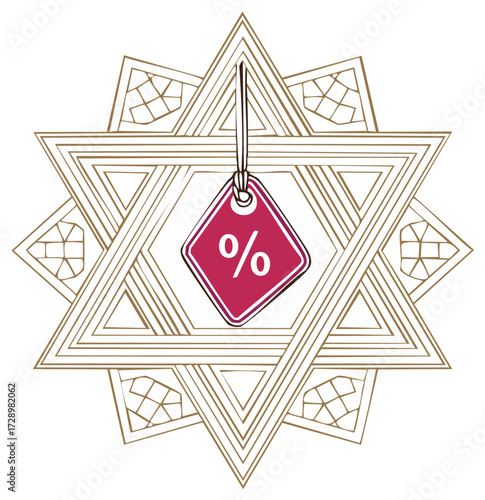 Jewish holiday sale concept with ornate Star of David and hanging discount percent tag illustration