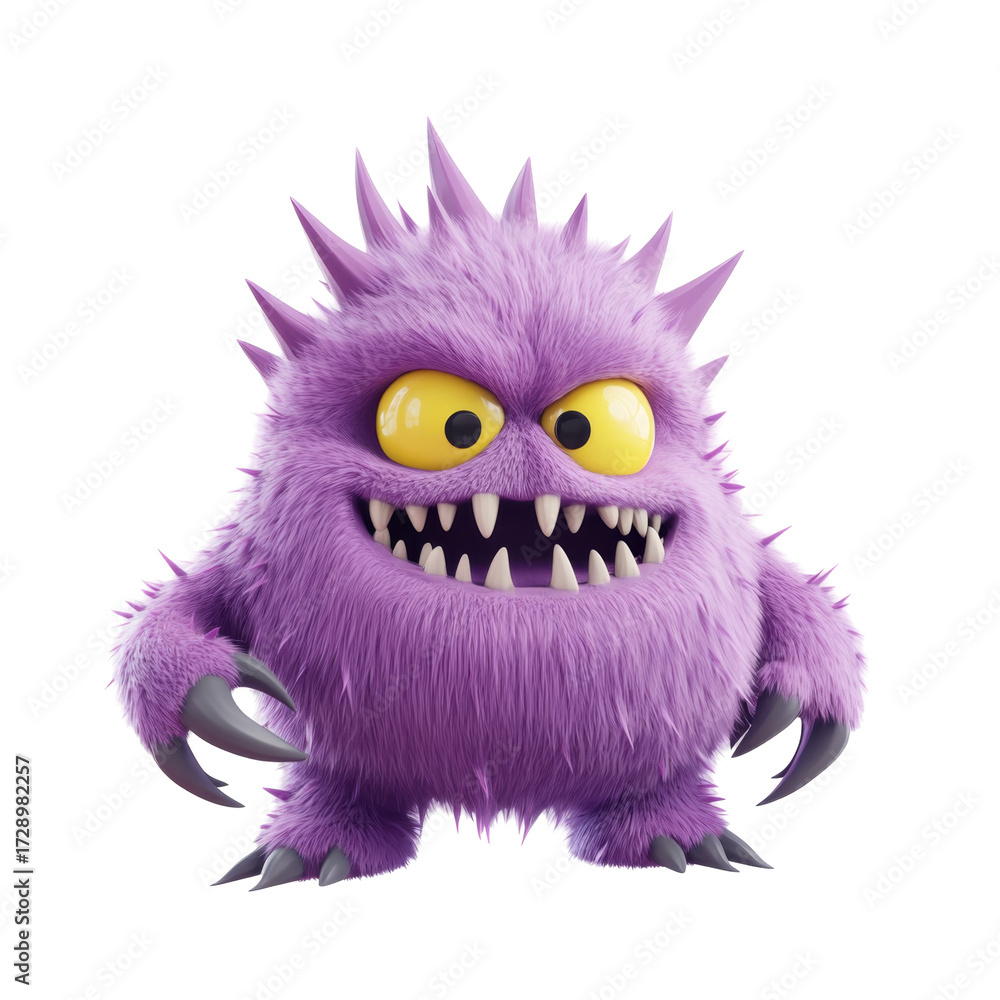 Fototapeta premium Cute purple furry cartoon monster with yellow eyes and spiky fur
