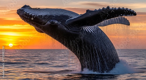 Majestic Humpback Whale Breaching at Sunset.