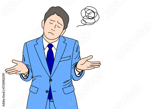両手を広げて肩をすくめる お手上げポーズのサラリーマン男性のイラスト 上半身正面 青 カラー