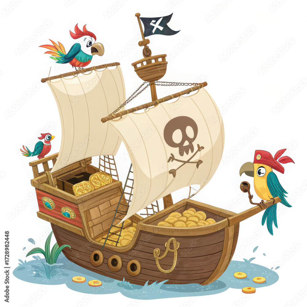 Obraz premium Cartoon pirate ship with parrots and treasure sailing on the water illustration