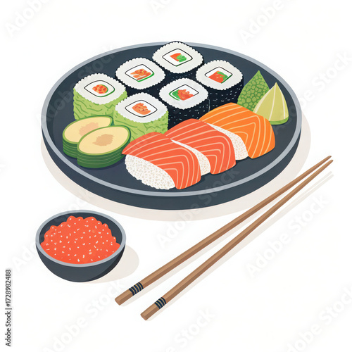 A plate of assorted sushi rolls with avocado, salmon, and roe with chopsticks