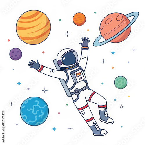Cartoon astronaut floating in space surrounded by planets and stars vector