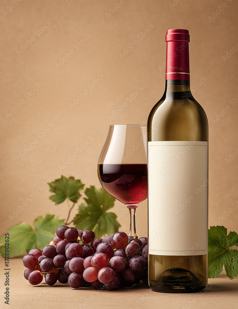 Obraz premium Bottle of red wine with grapes and a glass on beige background