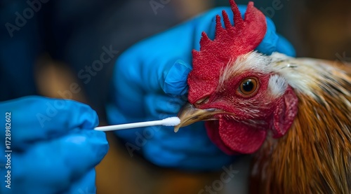 A veterinarian wearing blue gloves takes a nasal swab sample from a chicken for disease testing Close up image focused on animal health avian flu prevention poultry care and biosecurity in agriculture