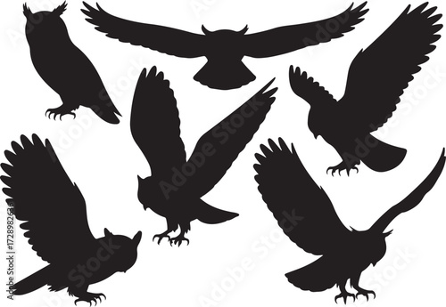 Cute funny silhouette vector set of various Owl birds illustration. owl icon set.