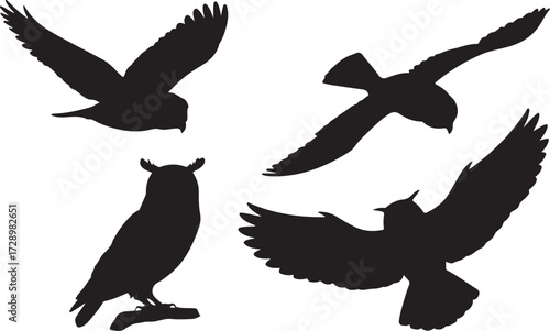 Cute funny silhouette vector set of various Owl birds illustration. owl icon set.