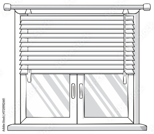 Sketch illustration of a home window featuring adjustable horizontal blinds and shadow patterns
