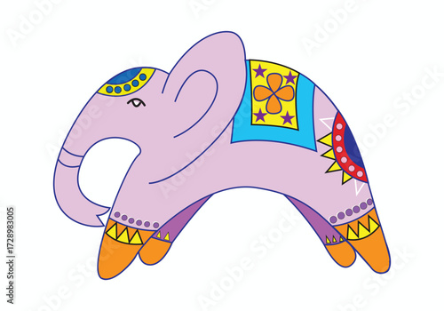 A whimsical, stylized illustration of a light purple elephant adorned with colorful, decorative patterns and motifs, isolated on a white background