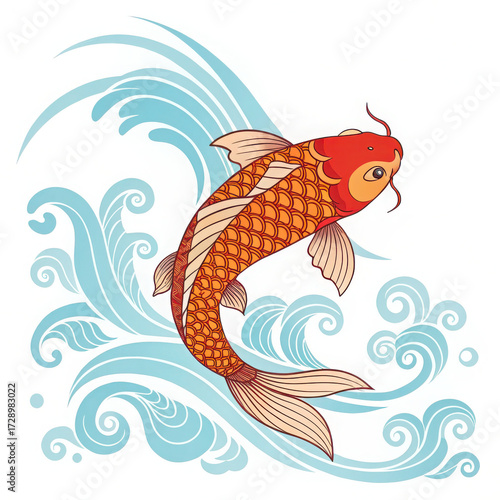 Illustration of an orange koi fish swimming in stylized blue water waves