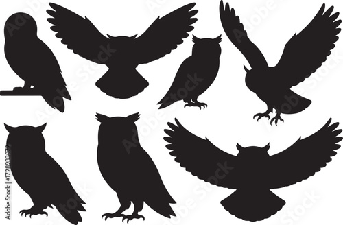 Cute funny silhouette vector set of various Owl birds illustration. owl icon set.