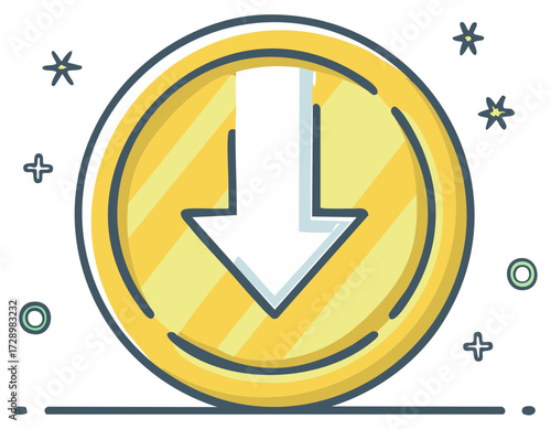 Gold coin with down arrow icon symbolizing financial crisis recession and price drop