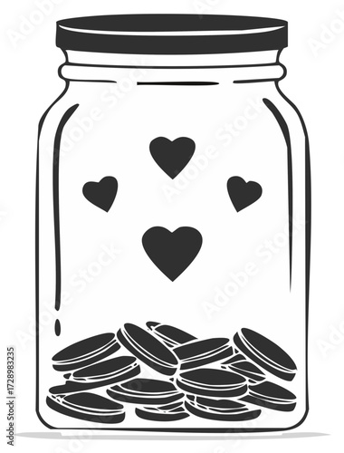 Glass Jar Filled With Coins And Floating Hearts Illustration