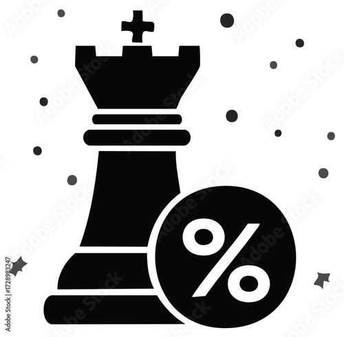 Chess Rook Piece with Discount Symbol and Abstract Decorative Elements on White