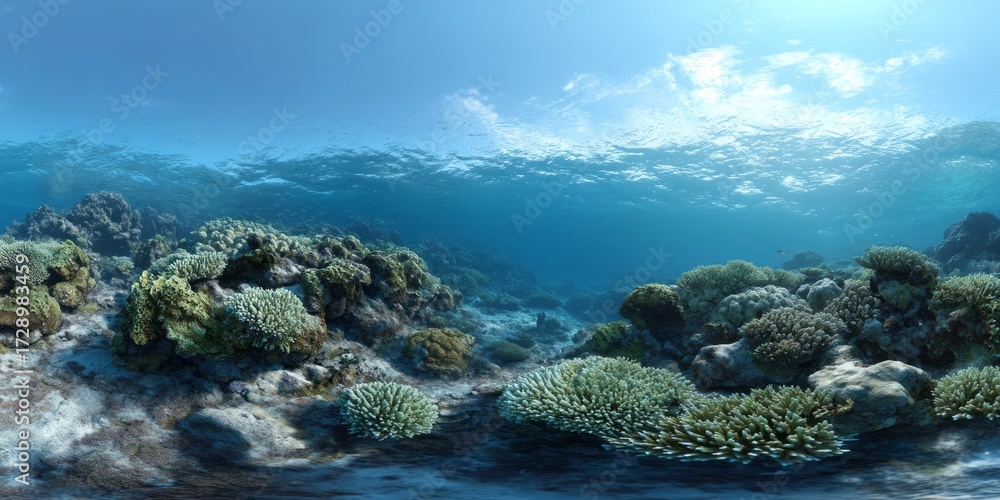 Fototapeta premium Underwater coral reef ecosystem exploration ocean hdri panoramic environment 360-degree view