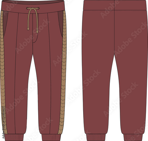 Technical Fashion Flat Drawing of Athletic Jogger Pants with a Chevron Side Stripe, Ribbed Cuffs, Drawstring Waist, and Slanted Pockets for Sportswear Design Vector.