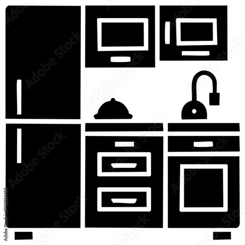 Black silhouette icon of a modern kitchen set with refrigerator, oven, sink, and cabinets