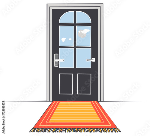 Cartoon illustration of a welcoming house front door with a colorful striped rug