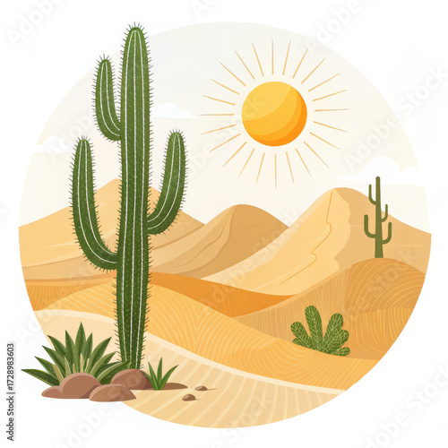 Desert landscape with tall cactus, sand dunes, and a bright shining sun above