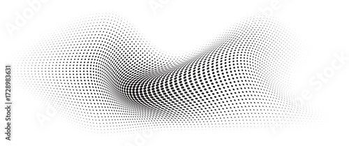 Flowing Wave Dot Halftone Pattern: Curve Gradient Shape on Transparent Background. Suitable for AI, Tech, Network, Digital, Science, and Technology Themes.