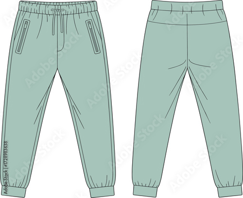 Technical Fashion Flat Drawing of Athletic Jogger Pants for Kids or Unisex Wear with Zipper Pockets, a Drawstring Waist, and Ribbed Cuffs Vector Template.