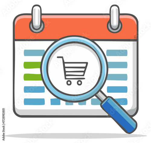 Calendar with magnifying glass over shopping cart, online shopping illustration