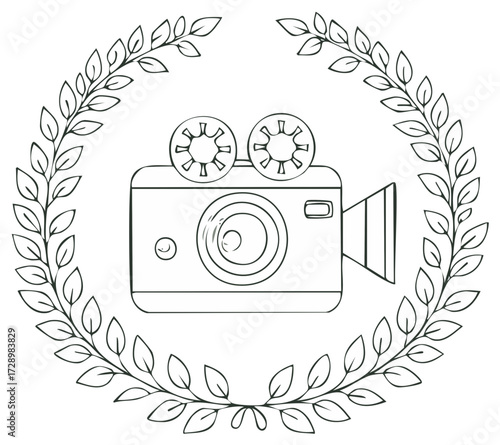 Hand drawn vintage film camera with classic reels framed by elegant laurel wreath illustration