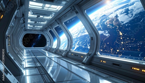 Space station interior with large glass windows showing planet Earth, sci-fi design