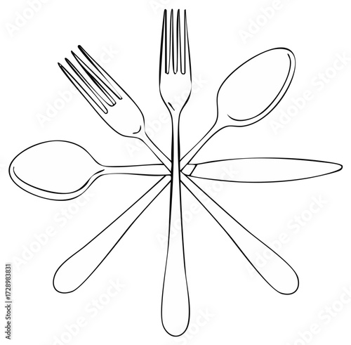 Stylized Kitchen Utensils Radial Pattern Outline Drawing Forks Spoons Knives