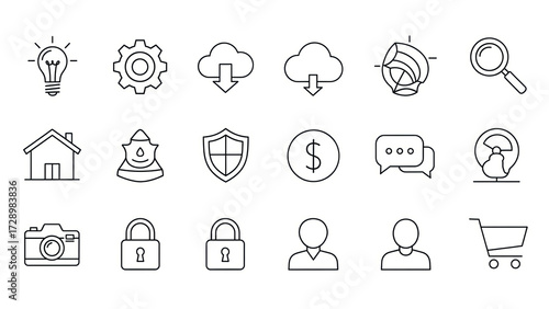 Minimalist Outline Icons Collection Featuring Essential Concepts like Idea, Settings, Cloud, Security, and E-commerce for Modern UI