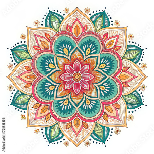 Colorful floral mandala with intricate details on a white background art