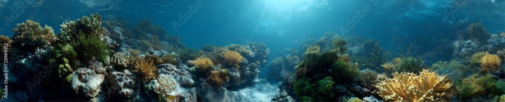 Fototapeta premium Exploring underwater coral reef ecosystem hdri panoramic 360-degree environment