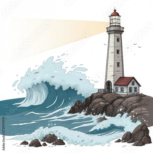 Lighthouse on rocky coast with large wave crashing against the shore line
