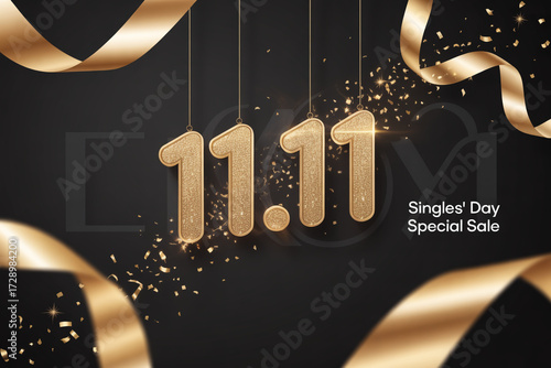 Celebrate 11.11 Singles' Day with a dazzling special sale featuring shimmering gold numbers, elegant ribbons, and festive confetti for an unmissable shopping event.