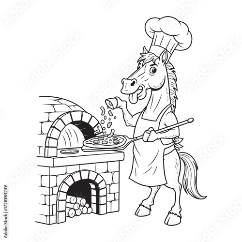 Horse Chef at Work: A playful illustration of a horse in a chef's hat, adding spices to a pizza in an oven, showcasing culinary talent with an appetizing flair.