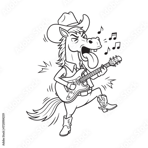 Singing Horse Musician: A cartoon horse, dressed in a cowboy hat and boots, strums a guitar with gusto while singing, surrounded by musical notes.
